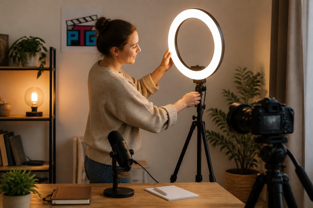 Content creator adjusting an 18-inch ring light on a tripod in a small home studio corner, desk with camera and microphone visible, warm ambient lighting