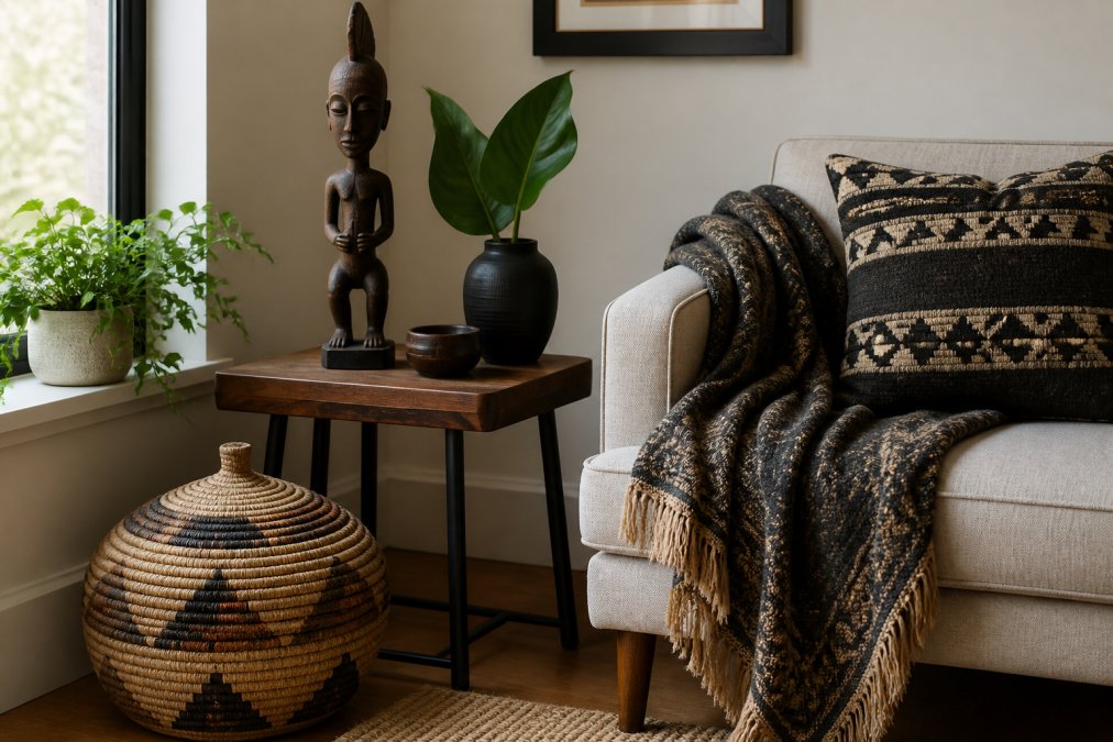 Diagram showing how to style cultural heritage items in a modern home decor setup