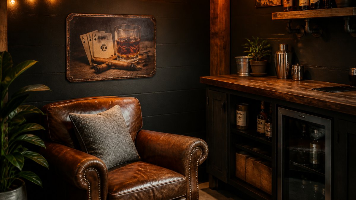 A cozy man cave corner with a vintage-style aluminum bar sign mounted on a dark painted wall, a leather armchair, and warm string lights overhead