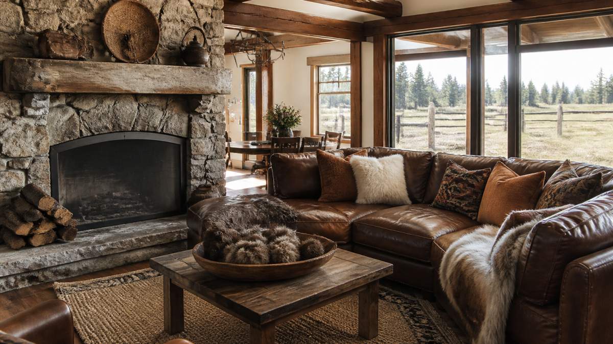 A sunlit ranch-style living room with a brown leather sectional sofa, exposed wood beams, a stone fireplace, and a large window overlooking a grassy yard, styled with a woven rug and earthy throw pillows