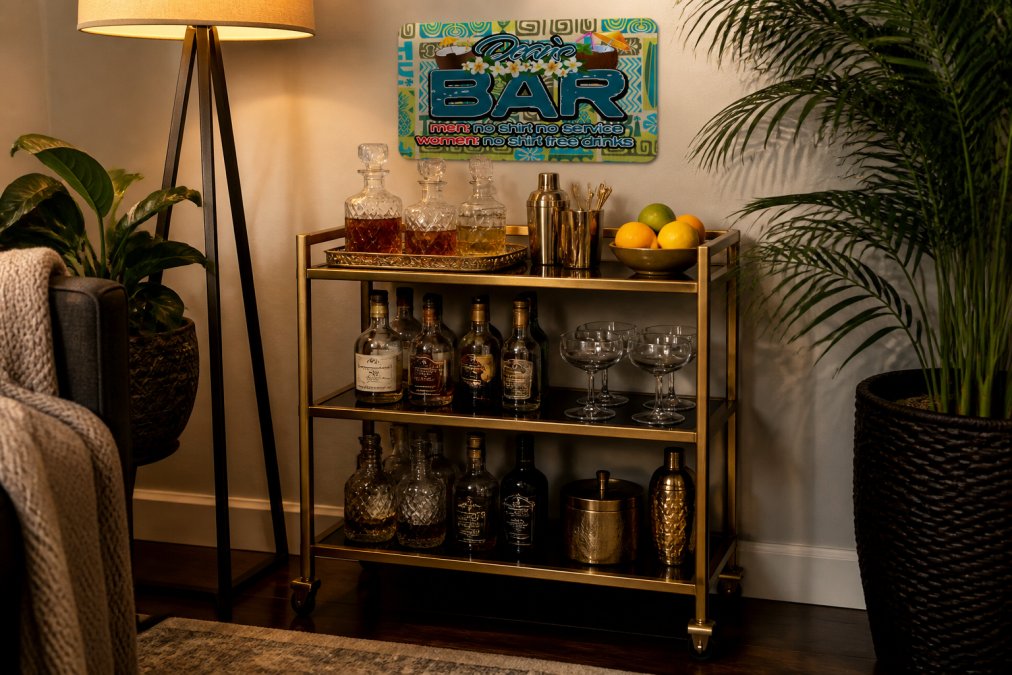 A styled three-tier bar cart in a small apartment corner with amber and clear glass bottles arranged by height, coupe glasses stacked neatly, a decorative brass tray on the top shelf, and fresh citrus in a small bowl, warm lighting from above