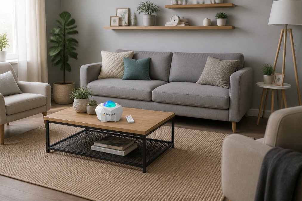 Modern small living room with a sofa positioned against a light gray wall, a low coffee table in the center, floating shelves above, and clear pathways between furniture creating an organized, spacious feel