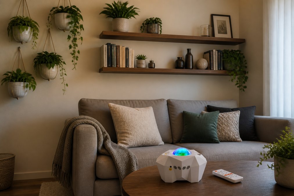 Small living room featuring vertical hanging garden pots with green plants on a cream-colored wall, floating wooden shelves displaying books and décor items, and a compact sofa below creating an organized, layered look