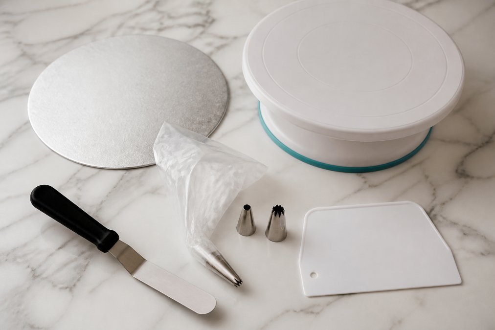 Flat-lay of cake decorating tools arranged neatly on a white marble surface: offset spatula, piping bag with star and round nozzles, spinning turntable, cake scraper, and a round cake board under warm studio lighting