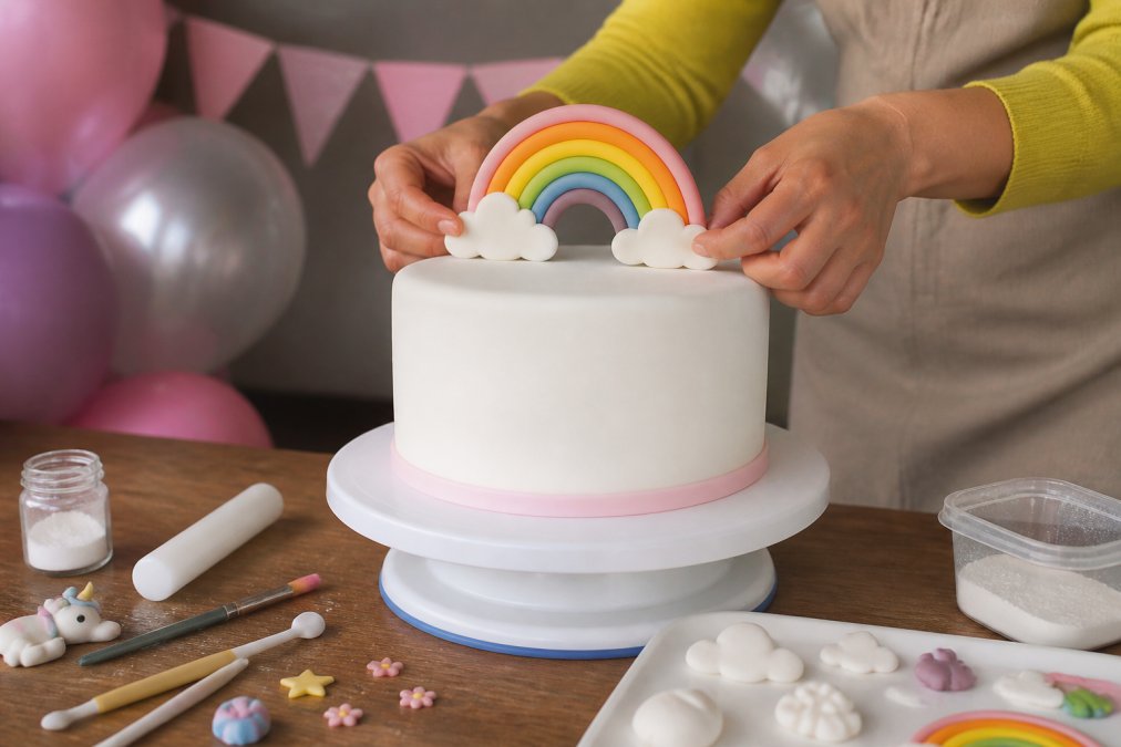 Close-up of a pair of hands gently placing a colourful handmade sugar paste topper onto a smoothly frosted white celebration cake on a turntable, with soft bokeh of party balloons and bunting in the background