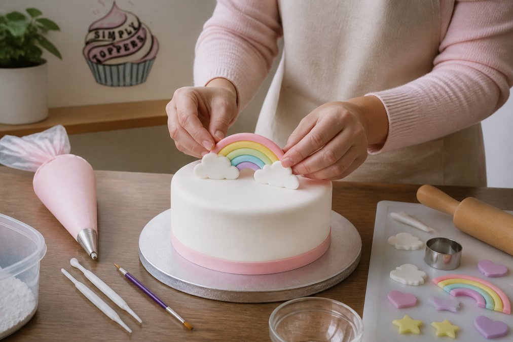 Close-up of a home baker's hands gently placing a colourful handmade sugar paste topper onto a freshly frosted cake on a kitchen worktop, with decorating tools and a piping bag visible nearby