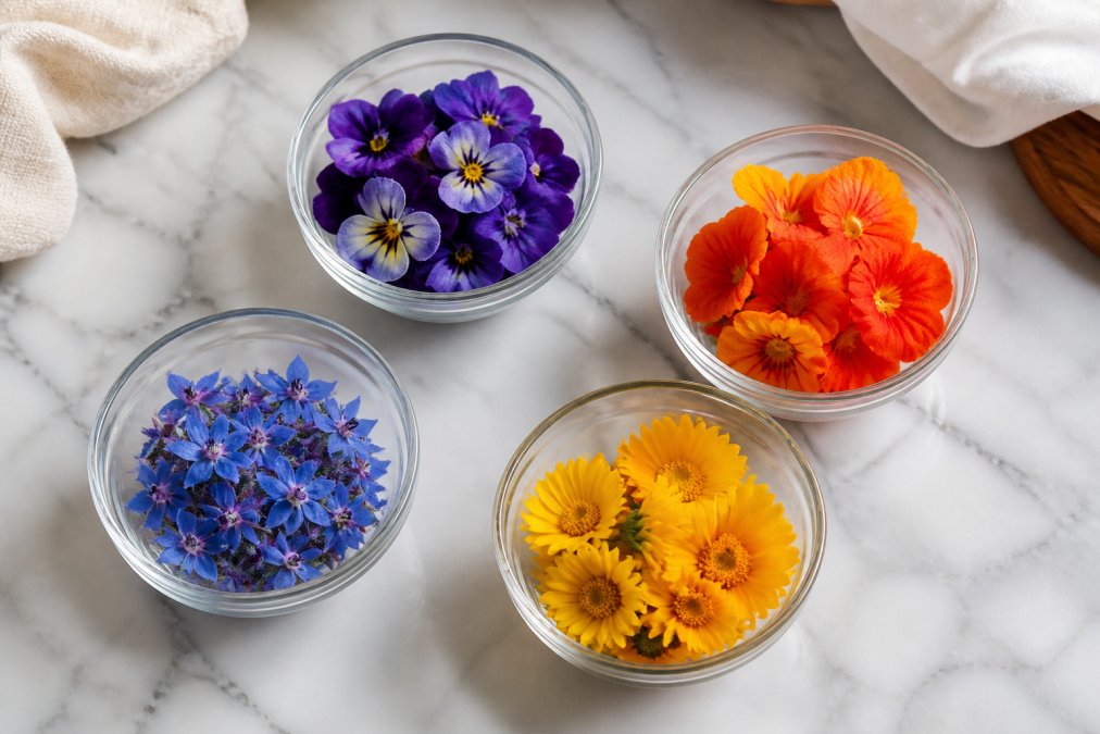 Small glass bowls of purple pansies, orange nasturtium, blue borage, and yellow calendula edible flowers on marble.