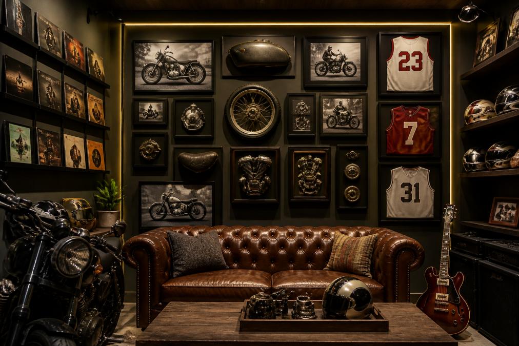A man cave wall showcasing a curated collection of vintage motorcycle memorabilia, vinyl records, and sports jerseys arranged in a gallery-style display with warm LED strip lighting highlighting each piece