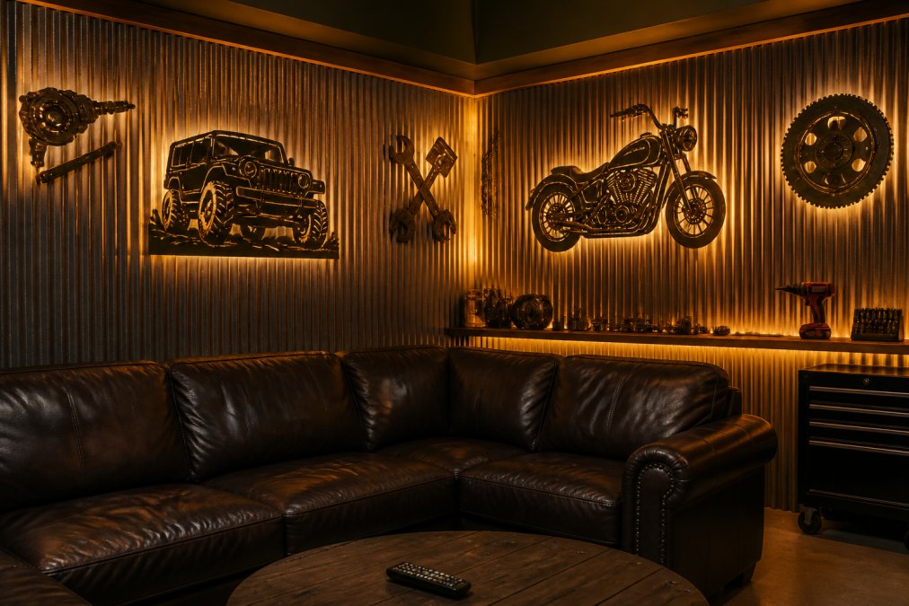 A man cave corner featuring warm LED strip lighting mounted behind vintage metal wall art and a custom garage sign, creating ambient lighting that highlights the industrial aesthetic and creates visual depth