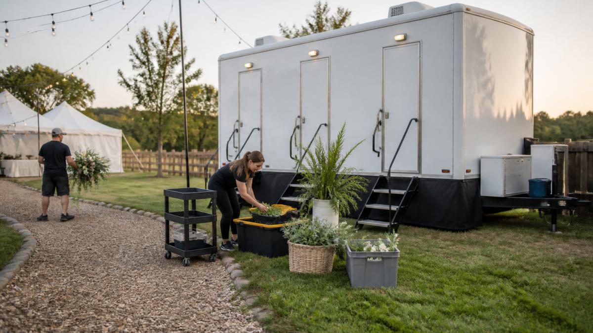 A white luxury restroom trailer parked on grass at an outdoor wedding venue, gravel pathway leading to its entrance, string lights overhead in late afternoon light