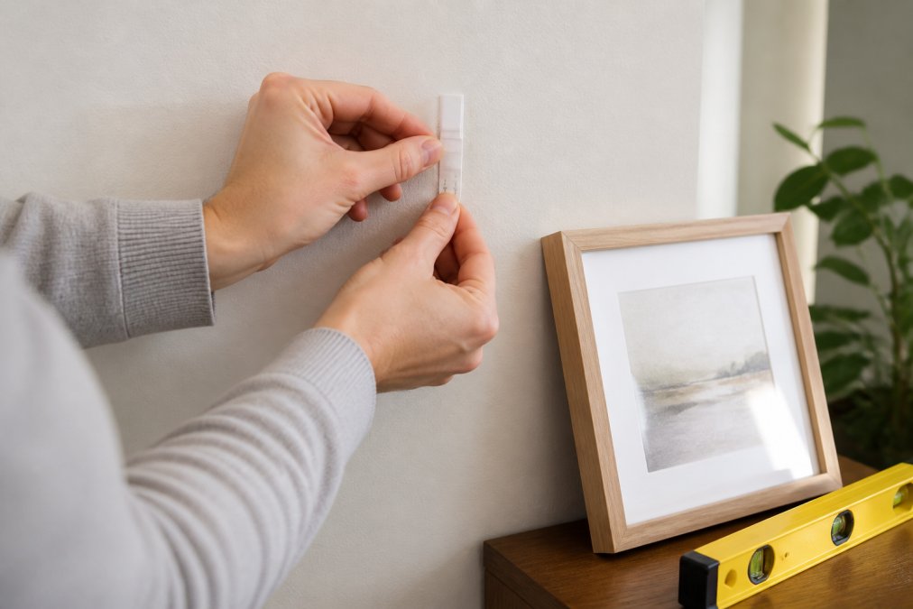 Close-up of hands pressing an adhesive strip onto a smooth painted rental wall, with a small framed print and a level resting on a nearby table, soft afternoon light
