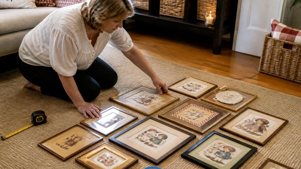Person kneeling on a floor arranging vintage style art prints and illustrations for a gallery wall layout.