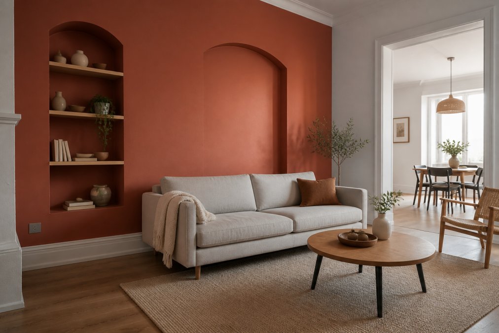 Freshly painted accent wall in warm terracotta tone in a living room with neutral furniture, showing how color creates visual depth and draws focus to the room's architectural features
