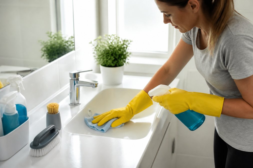 A person wearing yellow rubber gloves scrubbing a white bathroom sink with a microfiber cloth and spray bottle, cleaning supplies arranged on the counter, bright natural light from a window