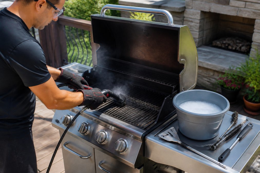 Person in safety gear using a steam brush to deep clean gas grill grates on a sunny backyard patio