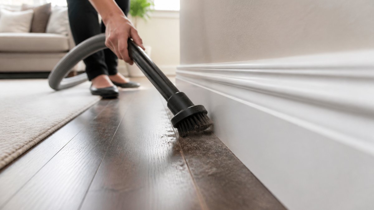 A person uses a vacuum brush attachment to remove dust from white baseboards to prepare them for cleaning.