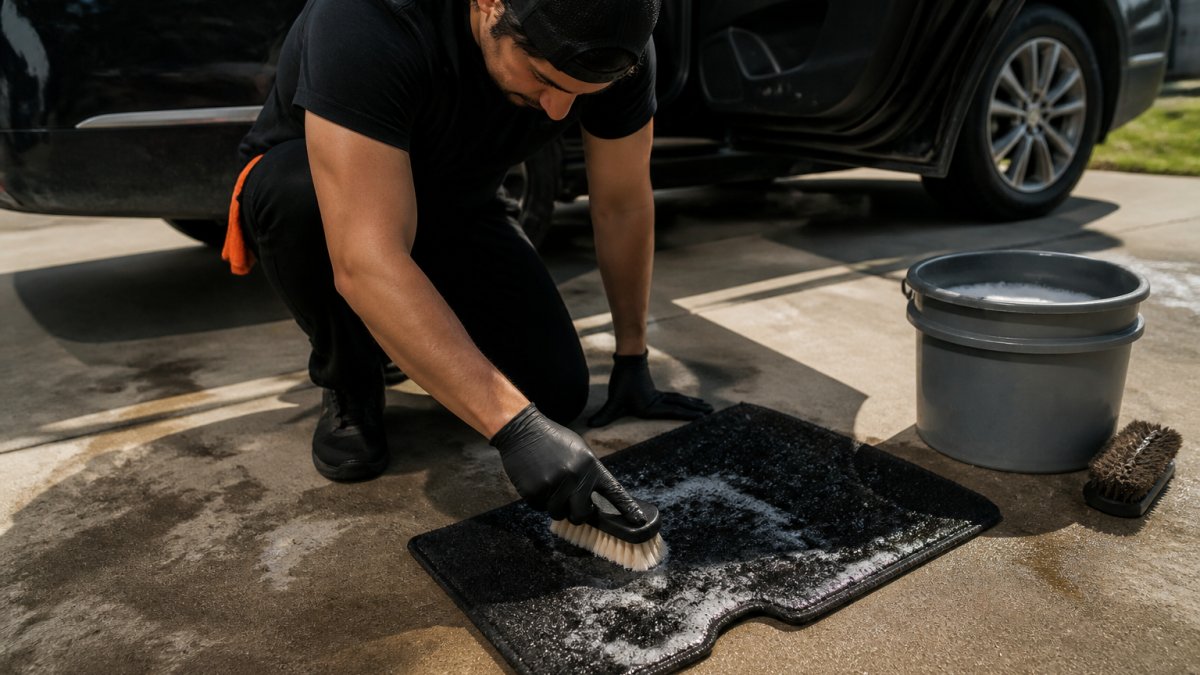 A person kneeling beside a car in a driveway with a carpeted floor mat on the ground, scrubbing it with a stiff-bristle brush next to a bucket of soapy water, bright afternoon sunlight