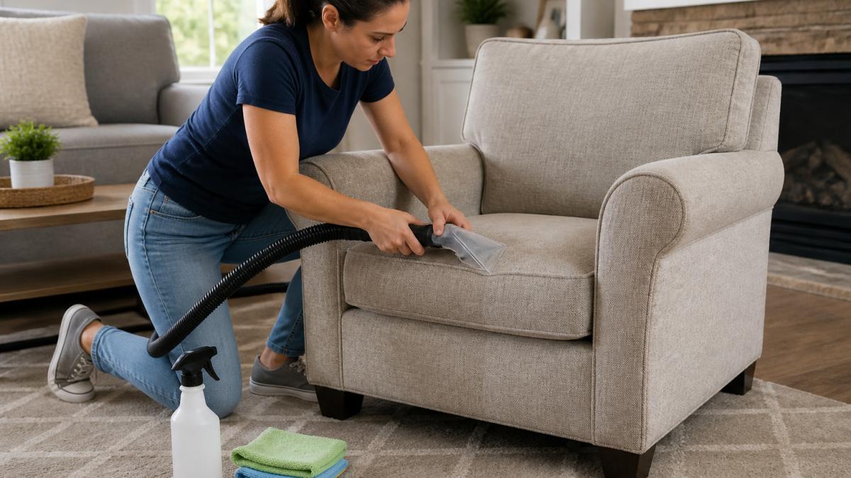 A homeowner in casual clothes using a handheld upholstery attachment on a fabric armchair in a bright living room, with a spray bottle and microfiber cloths nearby on the floor