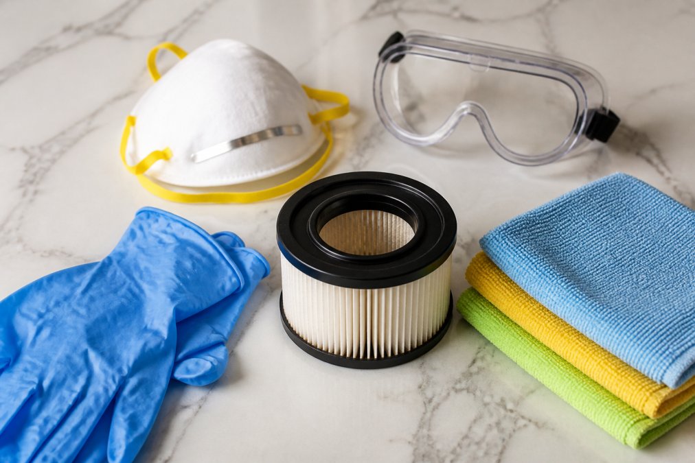 Close-up of protective gear laid out on clean white surface: N95 mask, nitrile gloves, microfiber cloths, HEPA vacuum filter, and safety goggles arranged neatly