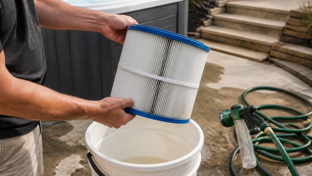 Close-up of hands holding a pleated spa filter cartridge over a bucket, with a garden hose and filter sprayer nearby on a sunny backyard patio