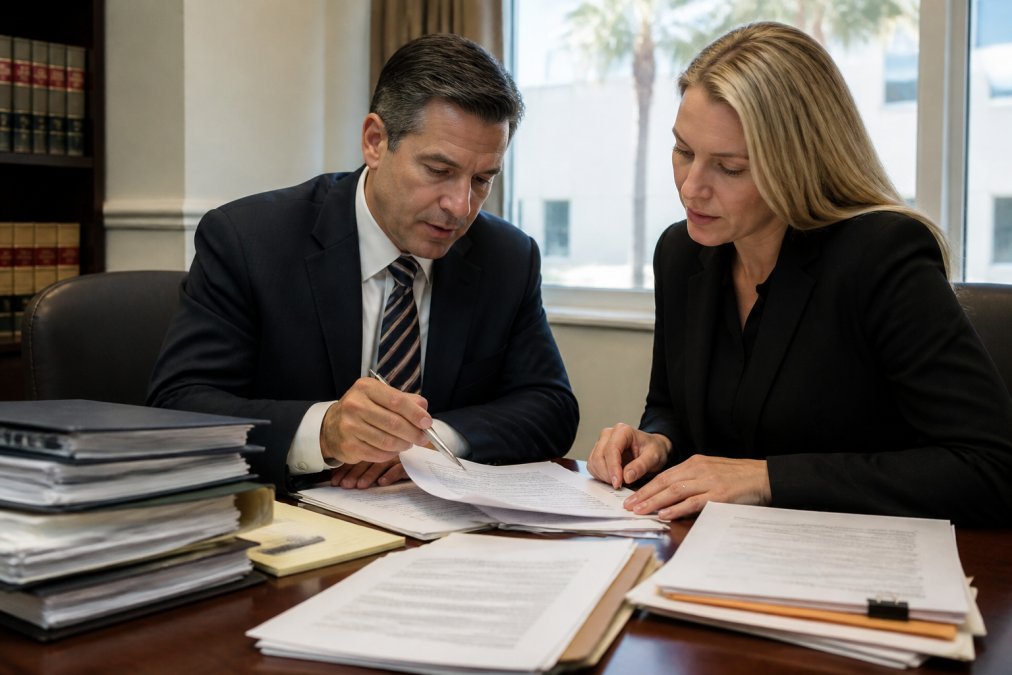 Business attorney and client reviewing case documents and evidence at a desk in a professional law office with natural lighting