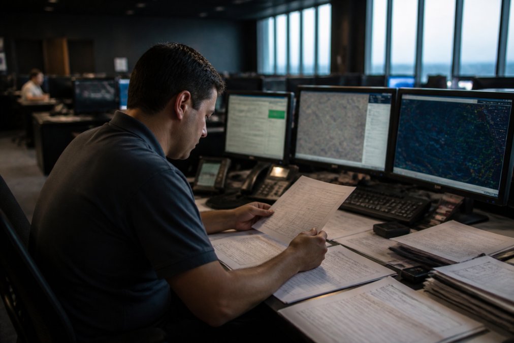 An aircraft dispatcher seated at a workstation with three monitors displaying weather radar, flight tracking software, and a navigation map, reviewing printed flight documents under the cool blue glow of the operations center screens in a dimly lit airline operations room
