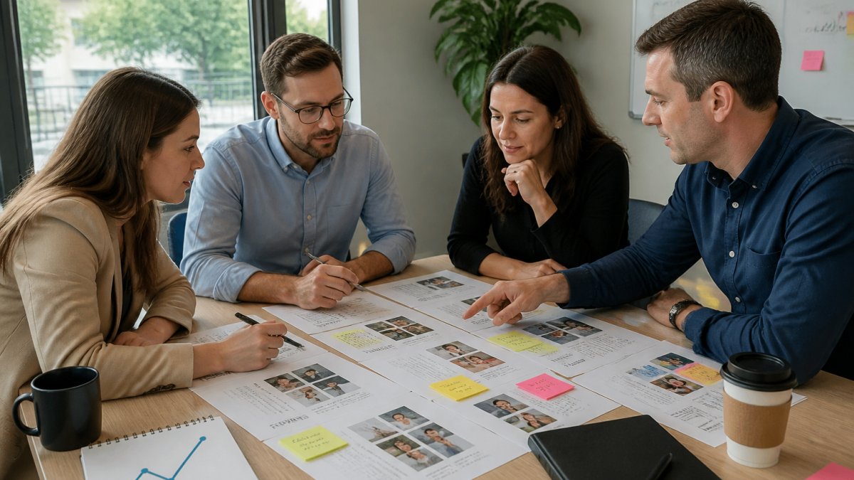 A small mortgage team sitting around a table with printed borrower feedback and sticky notes, discussing brand direction in a bright office