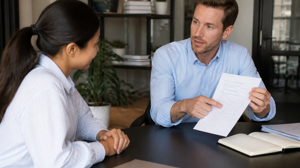 Manager handing a project brief to an employee to delegate effectively during a meeting