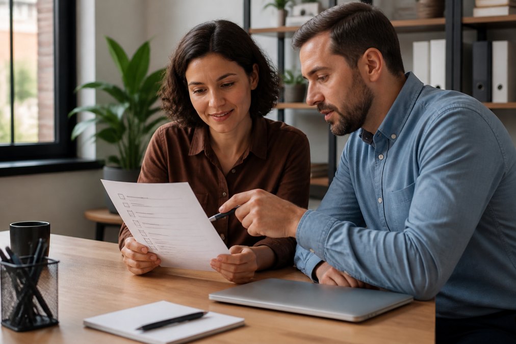 Small business owner and team member reviewing a task checklist to delegate tasks effectively in a bright office.