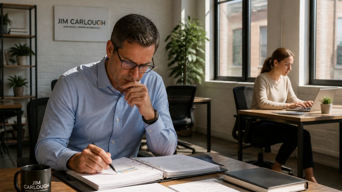 Manager reviewing a project plan while a team member works independently to delegate tasks in a sunlit office