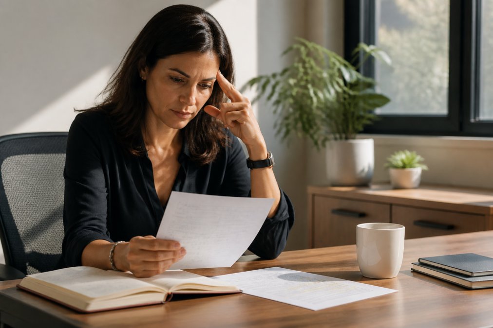 Manager reviewing notes at a desk while preparing to deliver bad news in a quiet, sunlit office.