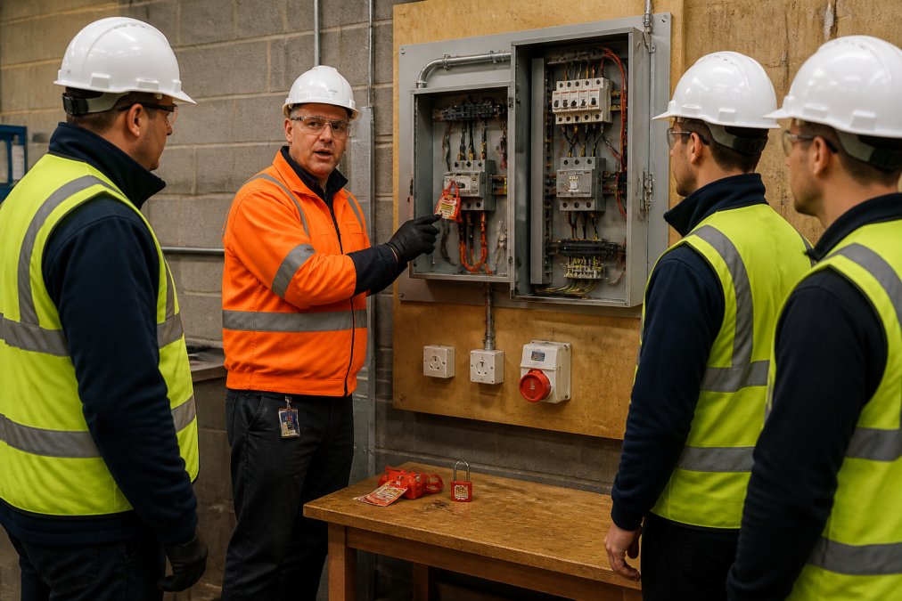 Experienced trainer demonstrating electrical isolation procedure to group of construction workers at practical workstation with live equipment, circuit breakers, and safety signage visible, bright workshop lighting
