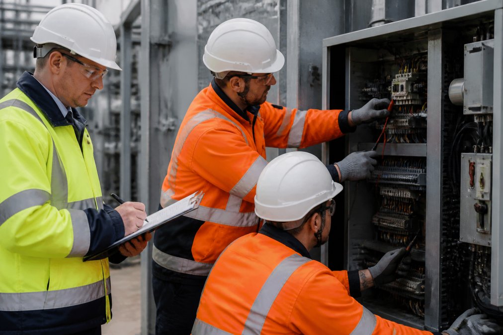 Construction workers on active site wearing appropriate PPE and following electrical safety protocols, implementing isolation procedures near equipment, supervised by site manager checking documentation