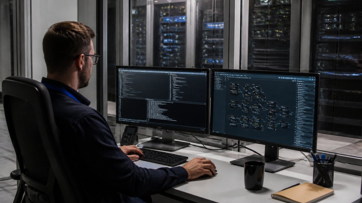 A DevOps engineer at a dual-monitor workstation reviewing a deployment pipeline dashboard, terminal windows open with migration logs, dim server room visible through glass behind them