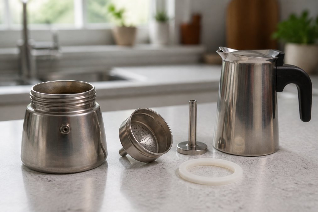 Close-up of a disassembled stainless steel moka pot with lower chamber, filter plate, coffee stem, and silicone gasket laid out on a clean kitchen counter with natural light, ready for cleaning
