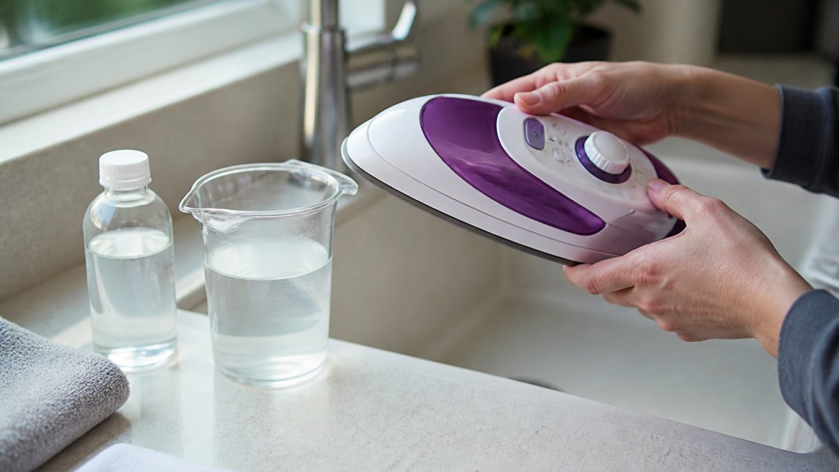 Close-up of hands holding a portable steam iron over a sink with a small bottle of white vinegar and distilled water visible on the counter nearby