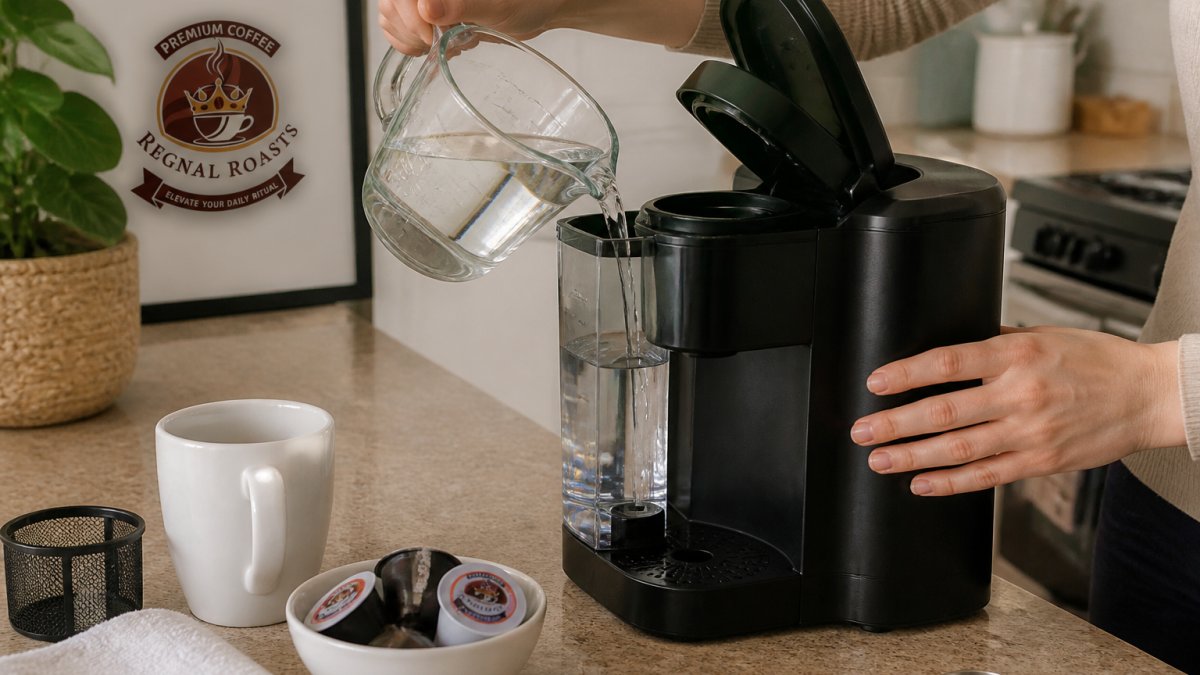 Close-up of hands pouring a white vinegar and water mixture from a measuring cup into the open water reservoir of a single-serve pod coffee maker on a kitchen counter, with a mug and coffee pods nearby