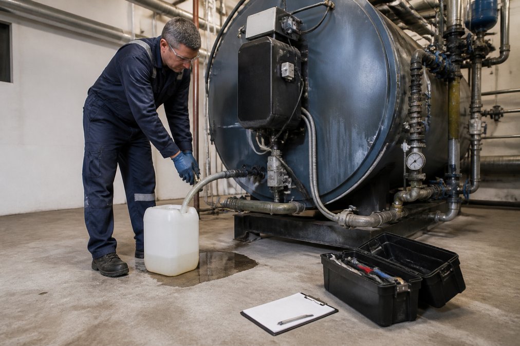 How to Descale Commercial Steam Equipment: Step-by-Step 1 A maintenance engineer in overalls and gloves draining a commercial steam boiler via a hose into a container in a plant room, with a toolkit and service log clipboard on the floor beside the machine