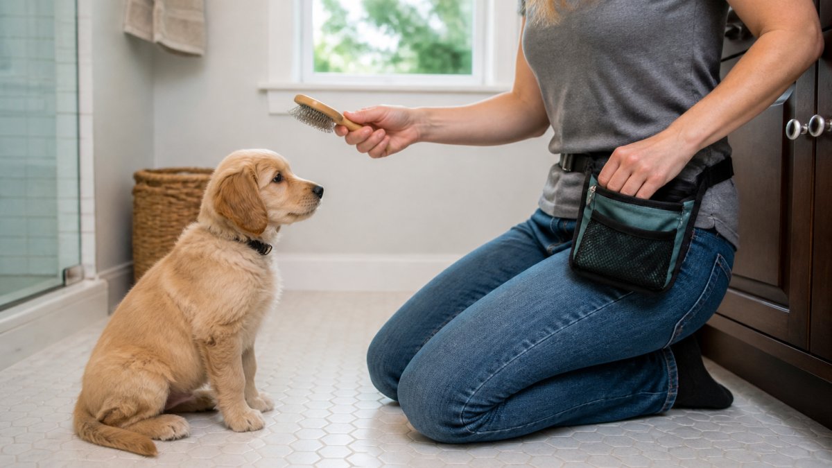 A young puppy sitting calmly on a bathroom floor while an owner holds a small grooming brush nearby, with a treat pouch at the owner's waist and soft natural light coming through the window