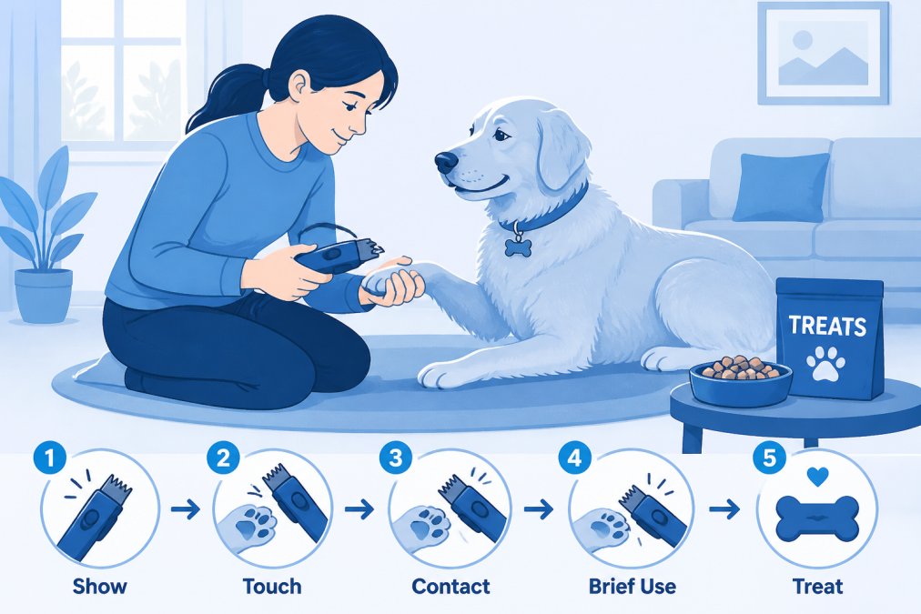 Dog owner gently introducing grooming clippers to a calm dog's paw in a home setting, with high-value treats visible on a nearby table, soft natural lighting from a window