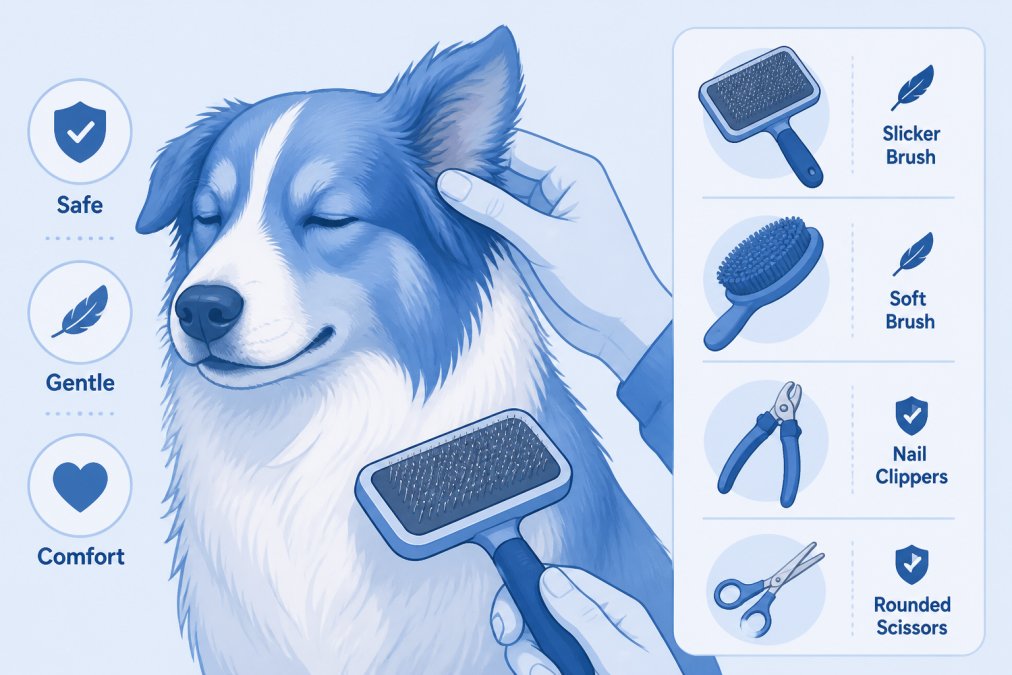 Close-up of a calm dog's face showing relaxed body language while owner gently touches ear area with grooming brush visible in foreground, warm indoor lighting
