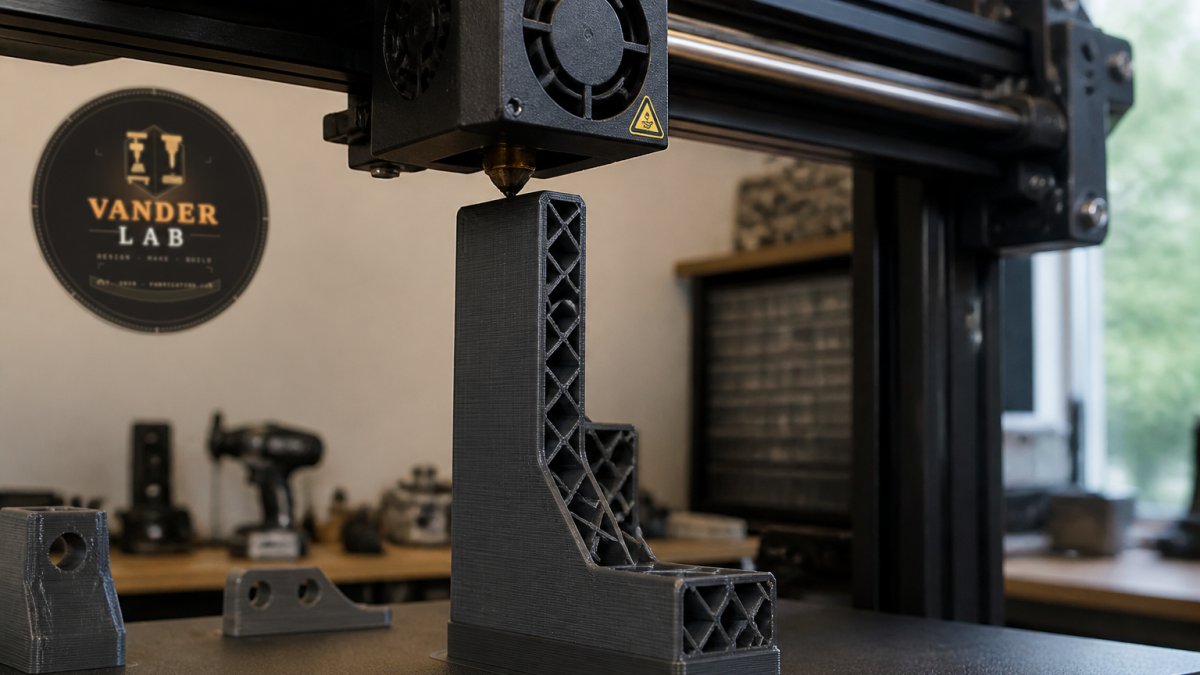 Close-up of a 3D printer nozzle depositing layers on a functional part, showing the layer direction and print orientation from multiple angles with precision detail