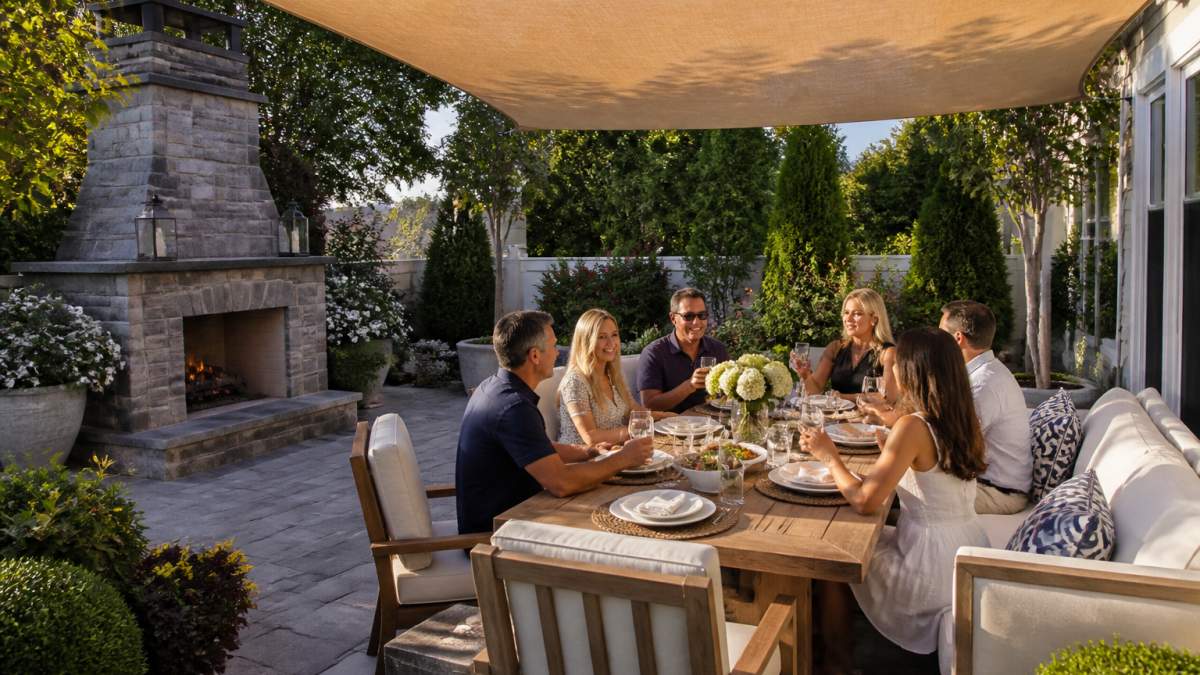 Diagram showing how to design a backyard for entertaining with dining and lounge zones on a stone patio.