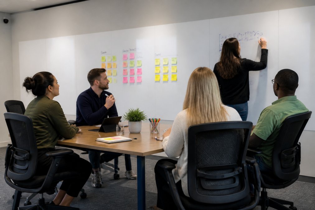 Professional team seated around a modern meeting table with ergonomic chairs, collaborating on a magnetic whiteboard wall with markers and sticky notes visible