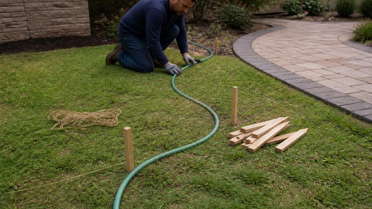 A homeowner kneeling on a lawn, adjusting a garden hose laid out in a smooth S-curve to mark a backyard path, with wooden stakes and string nearby and a paver walkway edge visible in the background