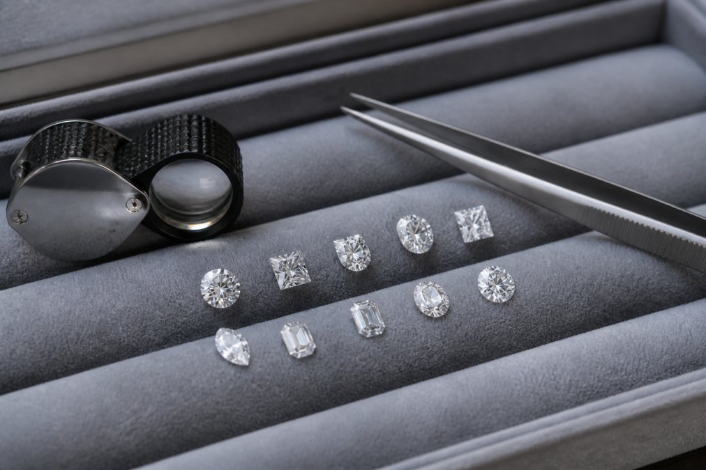 Loose diamonds in various cuts and jeweler tools for a custom engagement ring on a grey velvet tray
