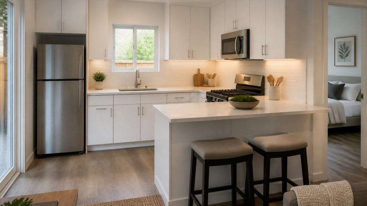 Compact ADU kitchen featuring white cabinets, a breakfast peninsula, and stainless steel appliances under warm lighting.