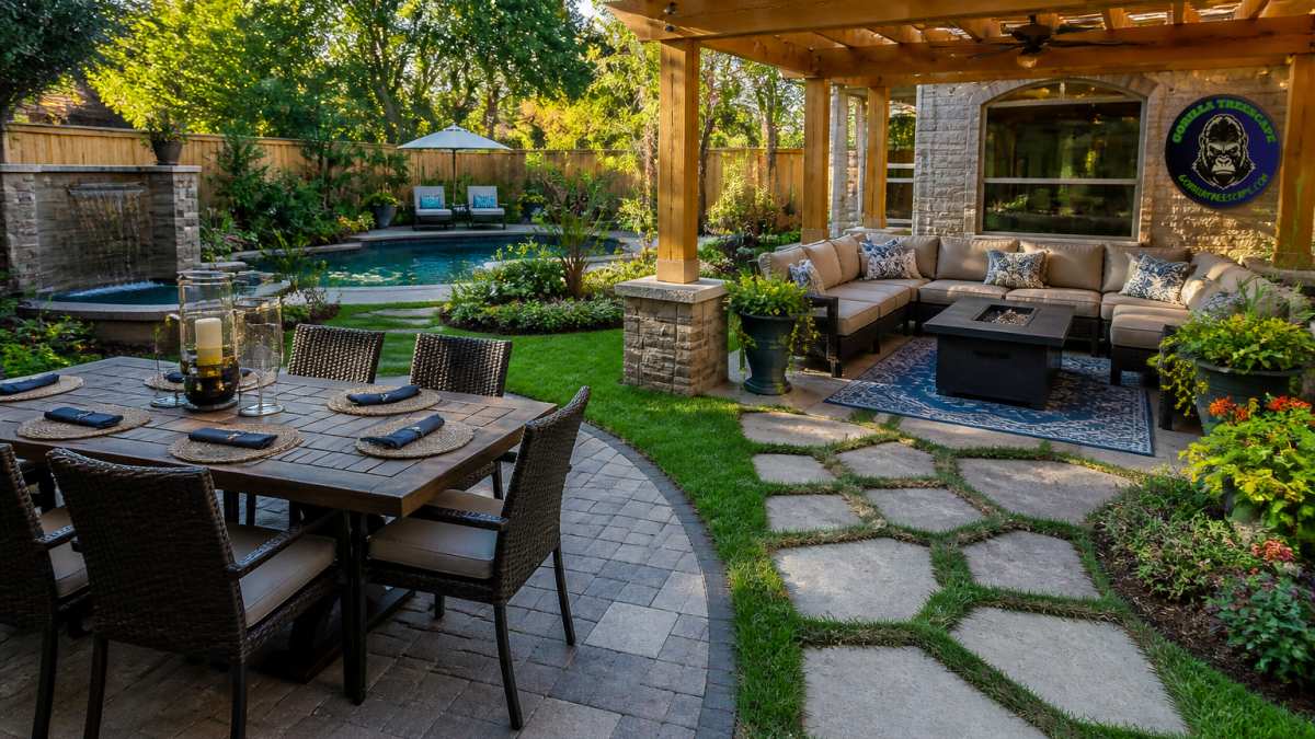Backyard patio with defined dining table area, lounge seating with cushions under a pergola, and stone pathway connecting zones, showing distinct activity areas flowing together naturally
