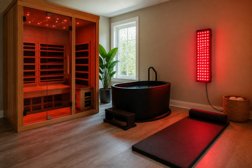 Infrared sauna, cold plunge, and red light panel in a modern home recovery room with a padded stretching mat.