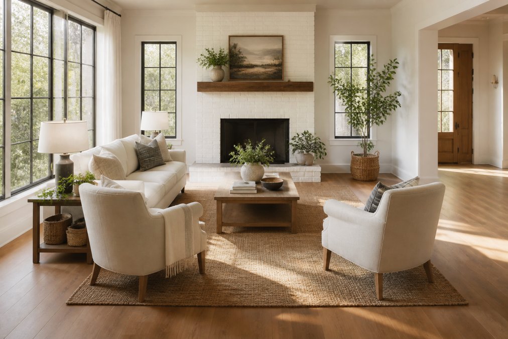 A bright, well-arranged living room with a linen sofa and two armchairs facing a white brick fireplace focal point, a large jute area rug anchoring the seating group, clear walkways on both sides, and warm afternoon light streaming through wide windows